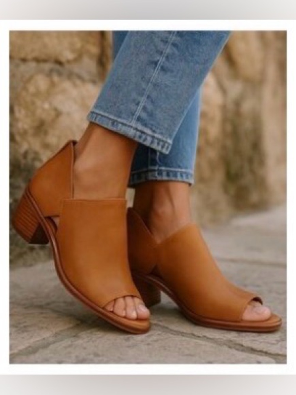 Sofft Carleigh Shootie Sz 11 “Luggage Tan” Leather Open-Toe Zip Back Cut Out